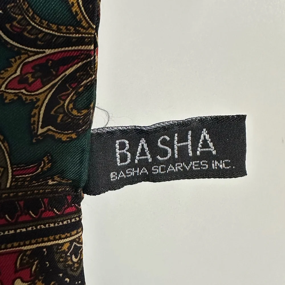Basha 100% Silk Floral‎ Medallion Red Green Gold Scarf with Fringe 9.5x50